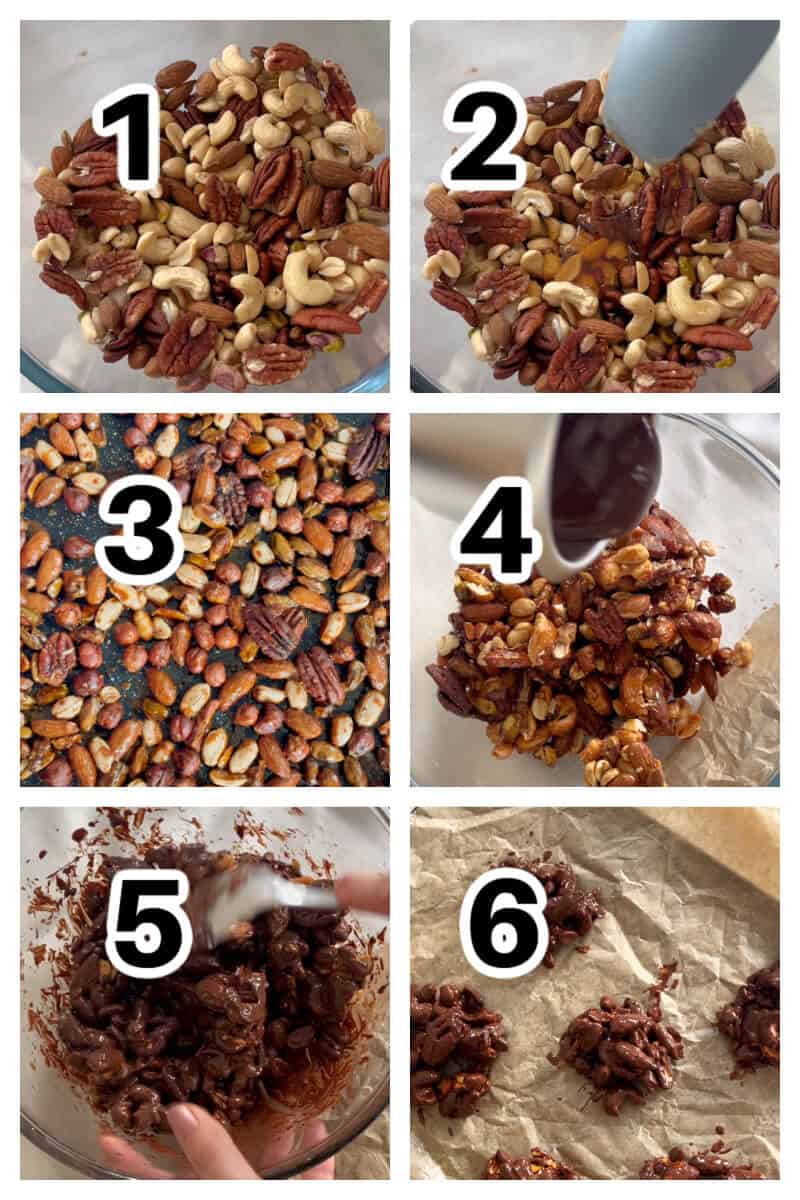 Collage of 6 photos to show how to make chocolate-covered nut clusters.