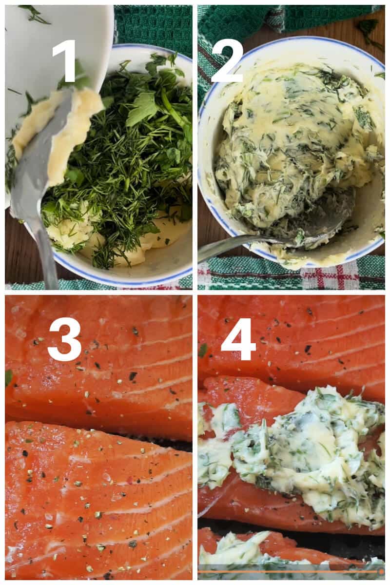 Collage of 4 photos to show how to make garlic butter salmon in the air fryer.