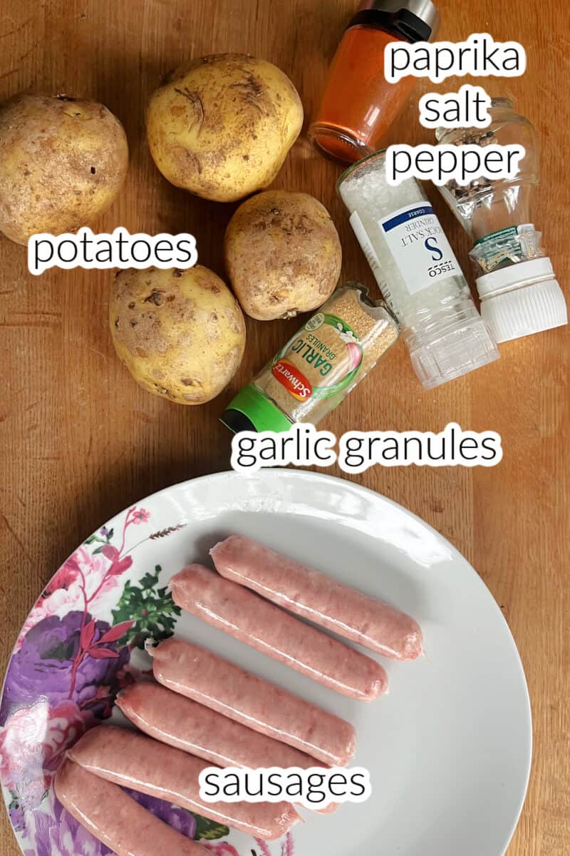Ingredients used to make sausages and potatoes in the air fryer.