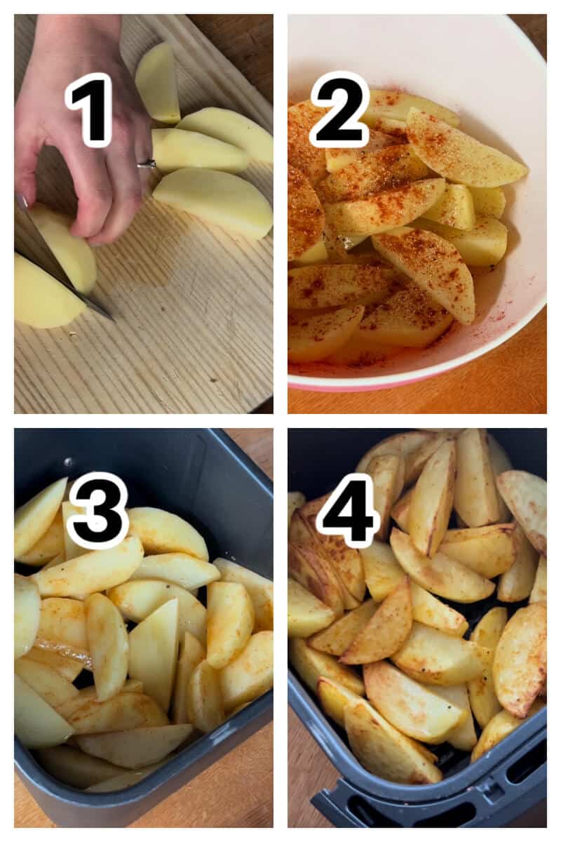 Collage of 4 photos to show how to make potatoes wedges in the air fryer.