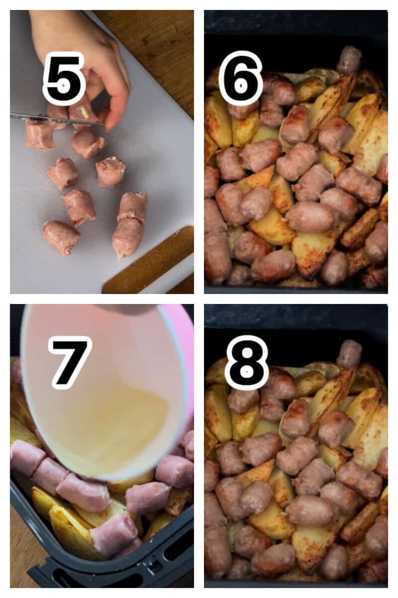 Collage of 4 photos to show how to make sausages and potatoes in the air fryer.