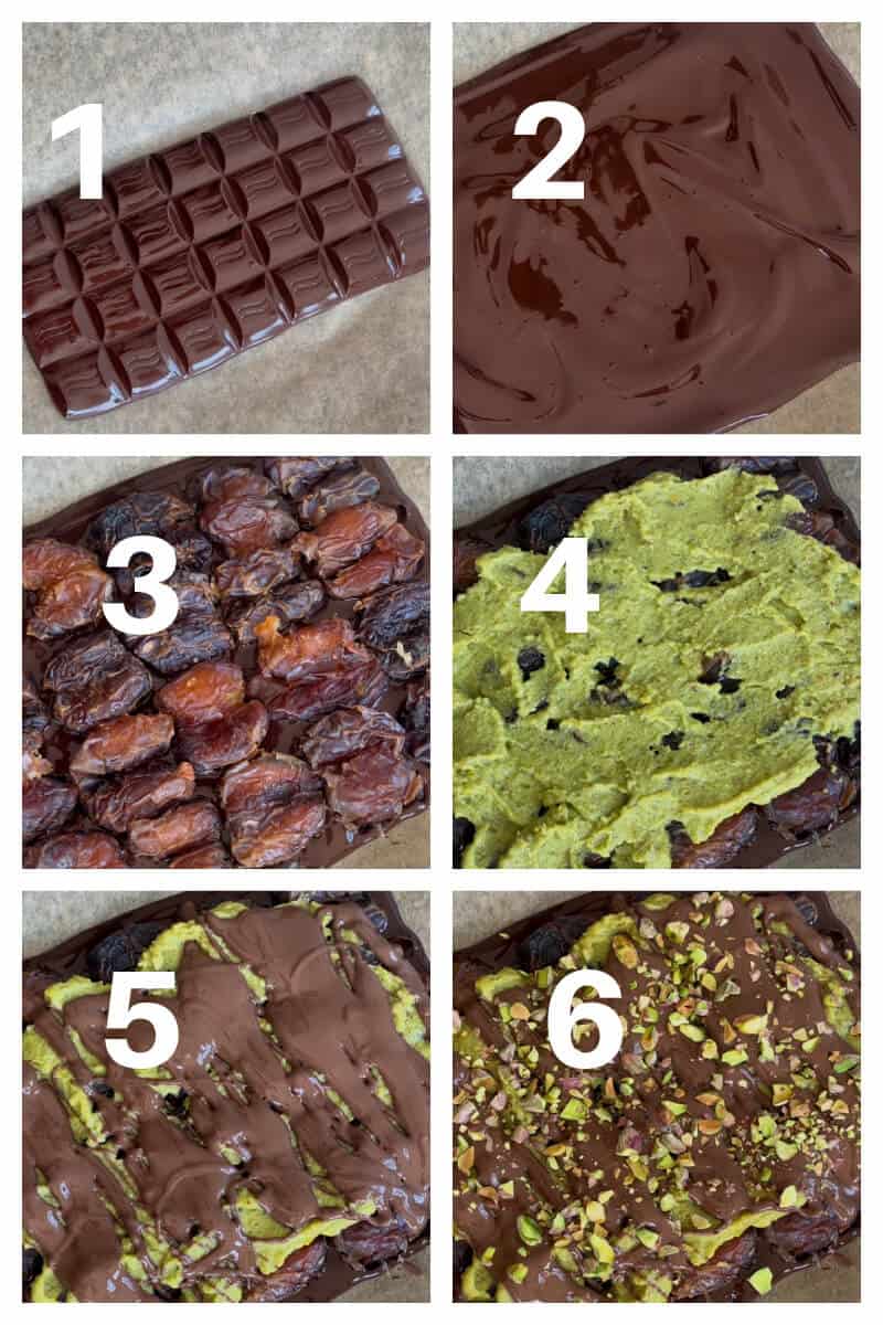 Collage of 6 photos to show how to make pistachio date bark.