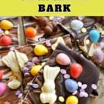 Slices of Easter chocolate bark on a baking tray.