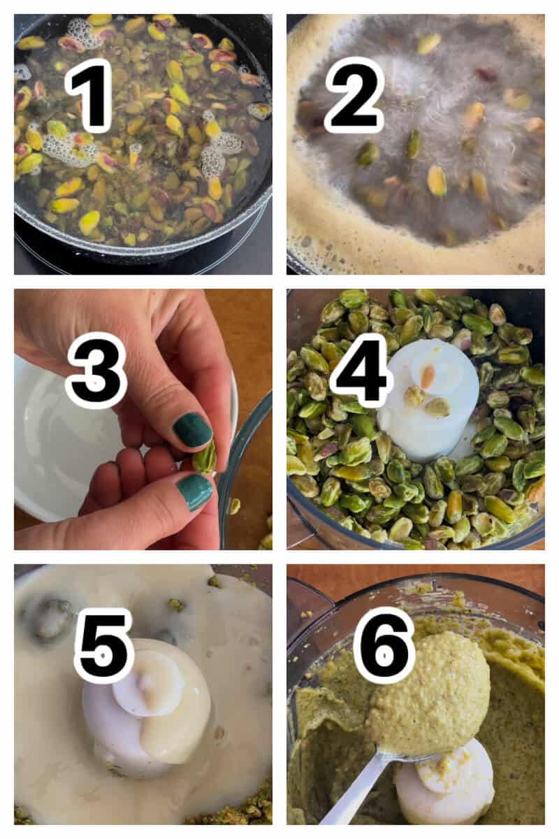 Collage of 6 photos to show how to make pistachio cream.