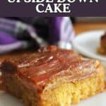 A slice of rhubarb cake on a plate.