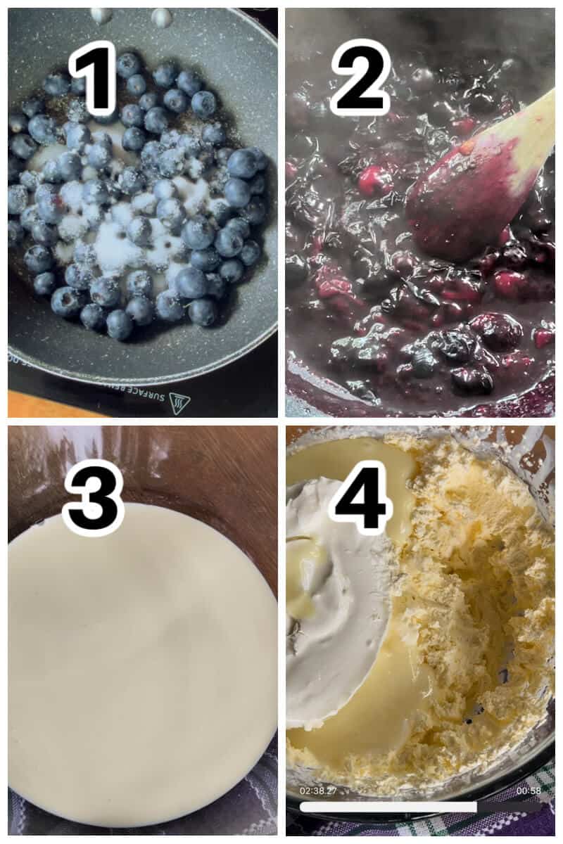 Collage of 4 photos to show how to make blueberry cheesecake ice cream.