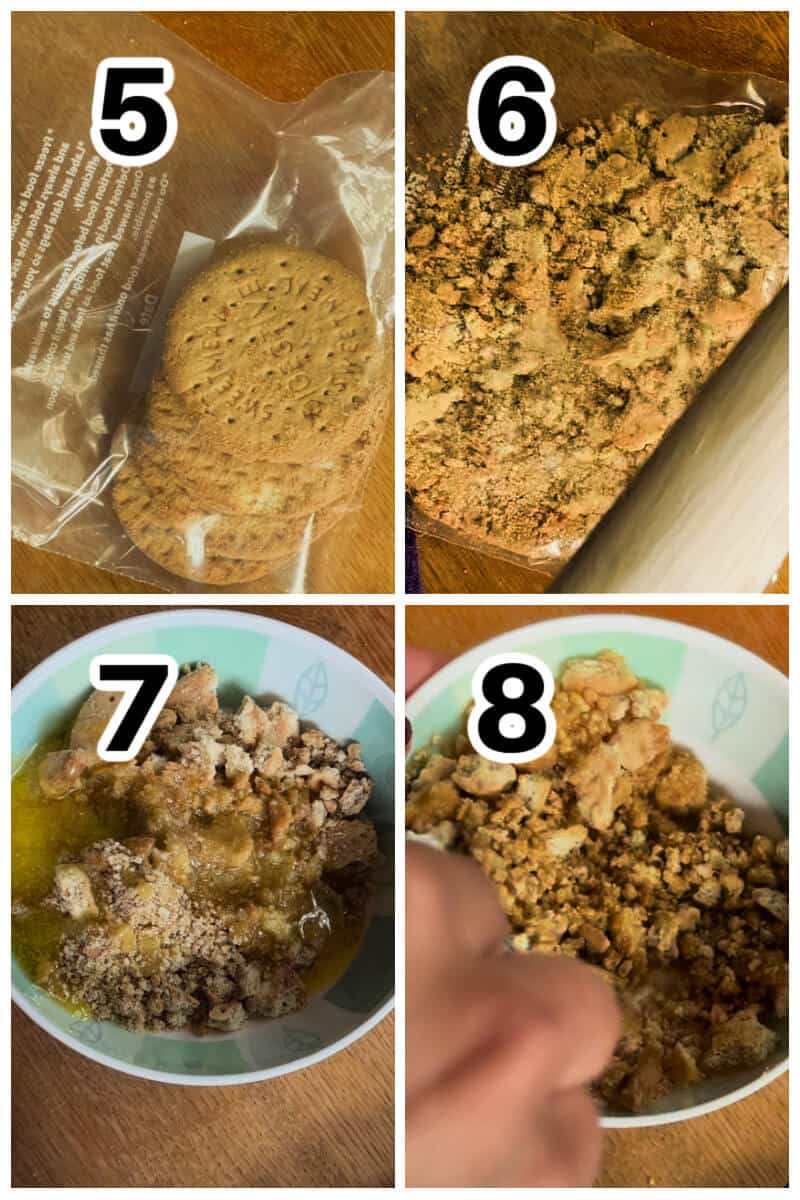 Collage of 4 photos to show how to prepare the biscuits for the ice cream.