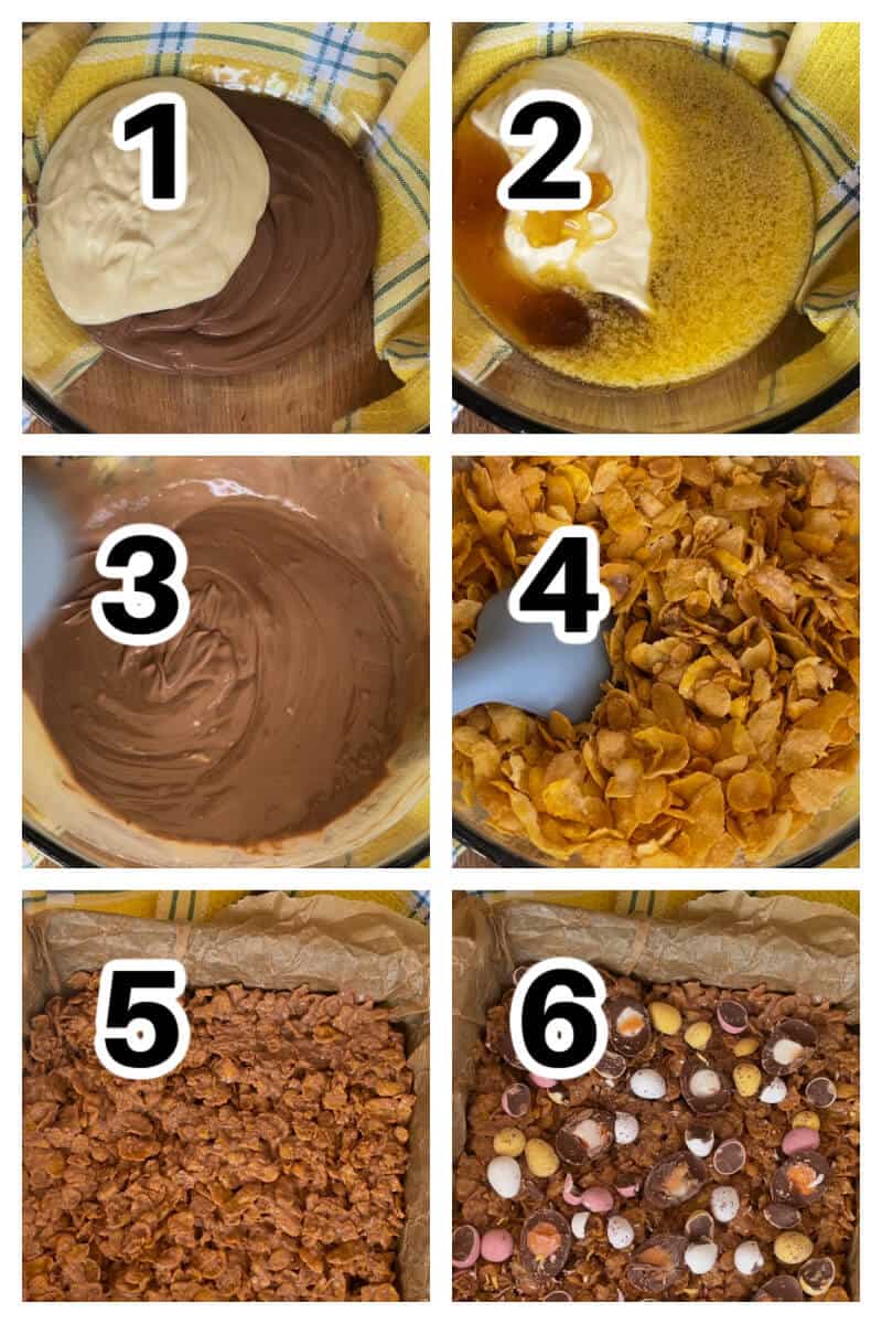 Collage of 6 photos to show how to make chocolate cornflake squares for Easter.