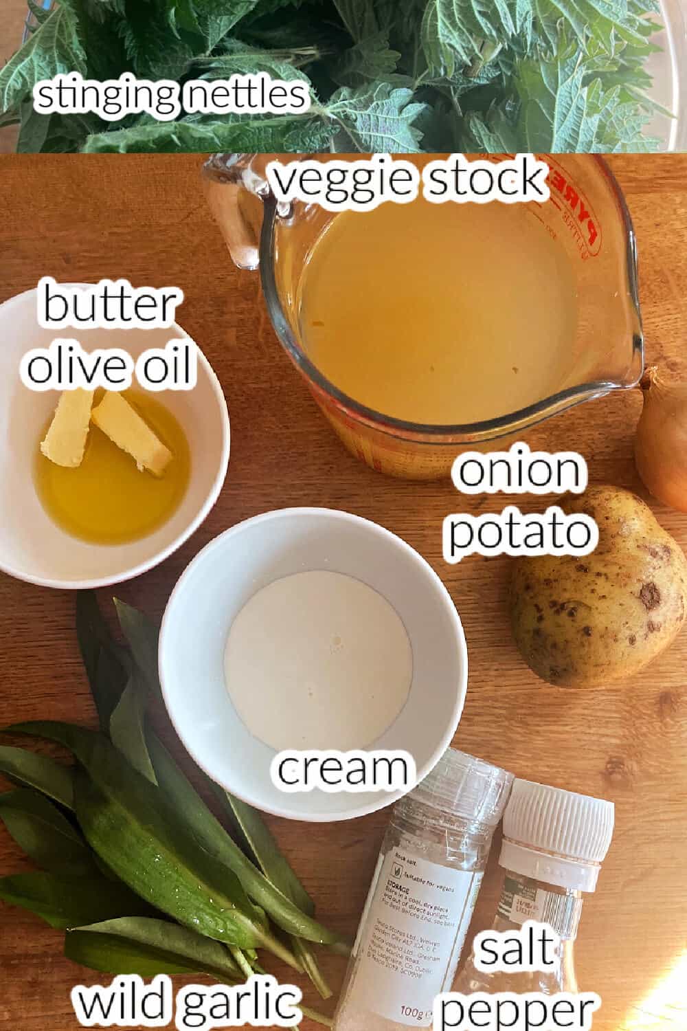 Ingredients used to make nettle soup.