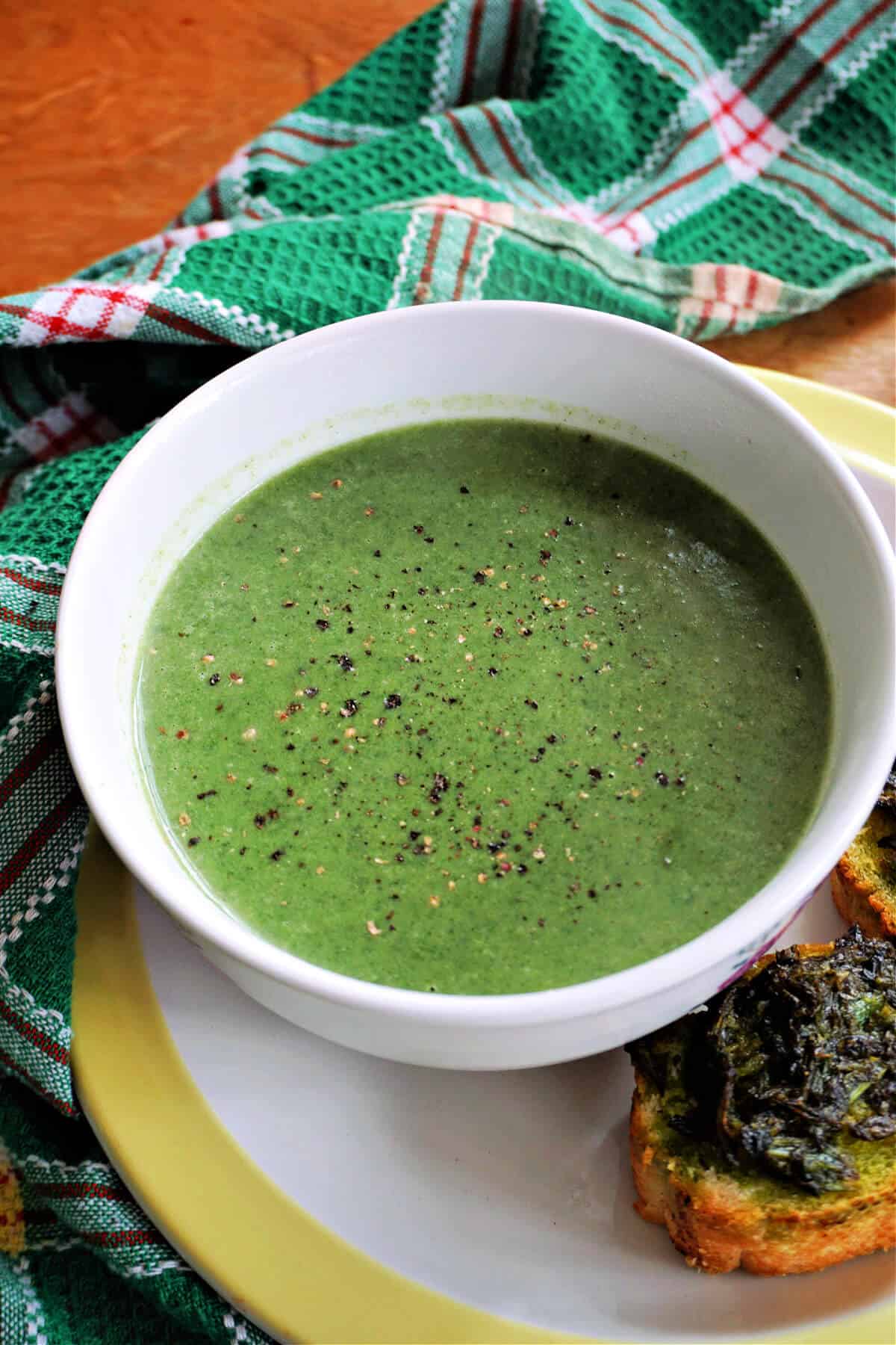 A white bowl with nettle soup and a green tea towel around the bowl.