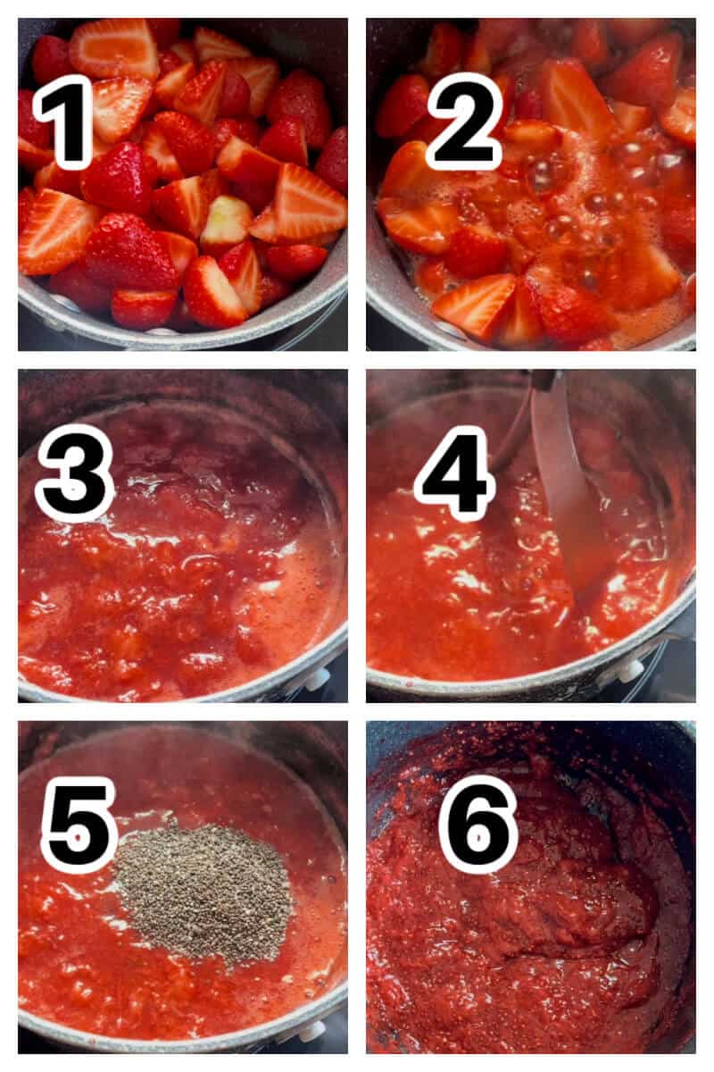Collage of 6 photos to show how to make strawberry chia jam.