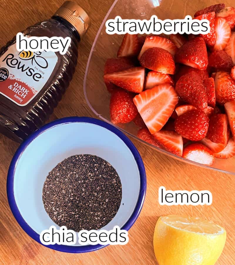 Ingredients used to make strawberry jam with chia seeds.