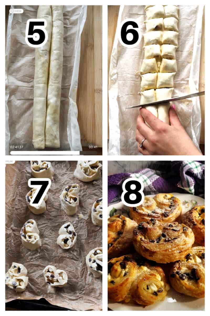 Collage of 4 photos to show how to make puff pastry palmiers.