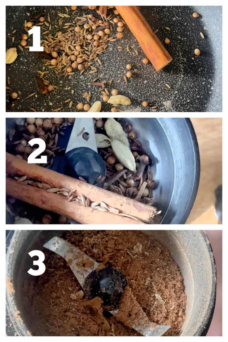 Collage of 3 photos to show how to toast and grind the spices for making chicken pulao.