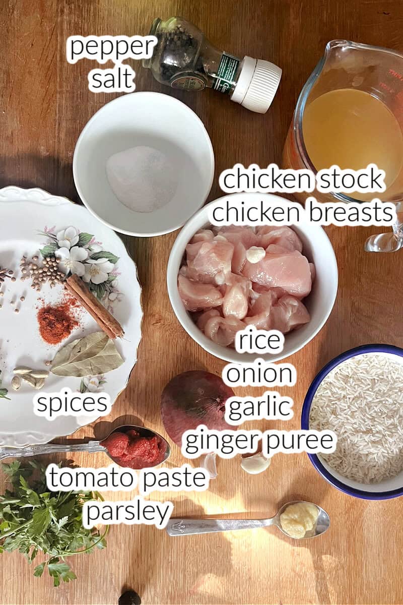 Ingredients used to make chicken pulao.