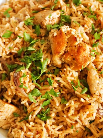 Close-up to a plate with chicken and rice garnished with chopped parsley.