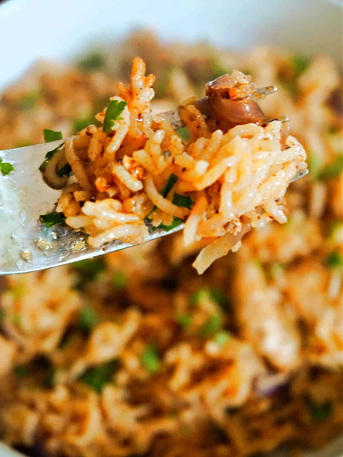 A forkful of fluffy rice over a bowl with rice and chicken.
