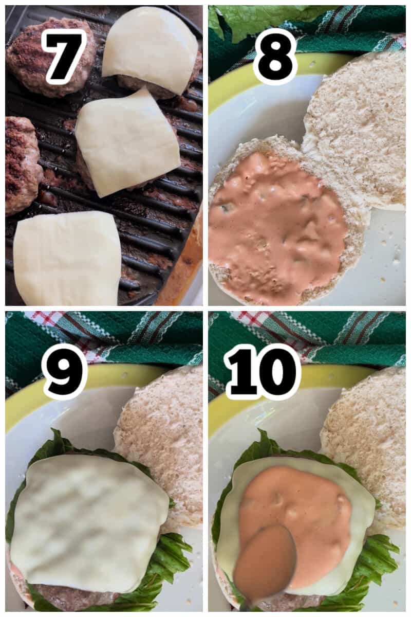 Collage of 4 photos to show how to assemble a cheeseburger.