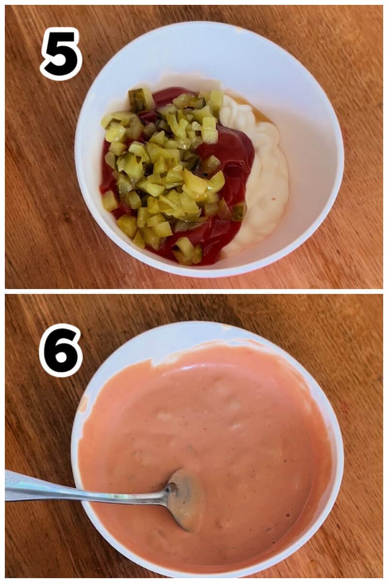 Collage of 2 photos to show how to make byrger sauce.