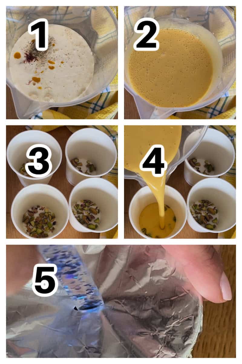 Collage of 5 photos to show how to make kulfi with mango pulp.