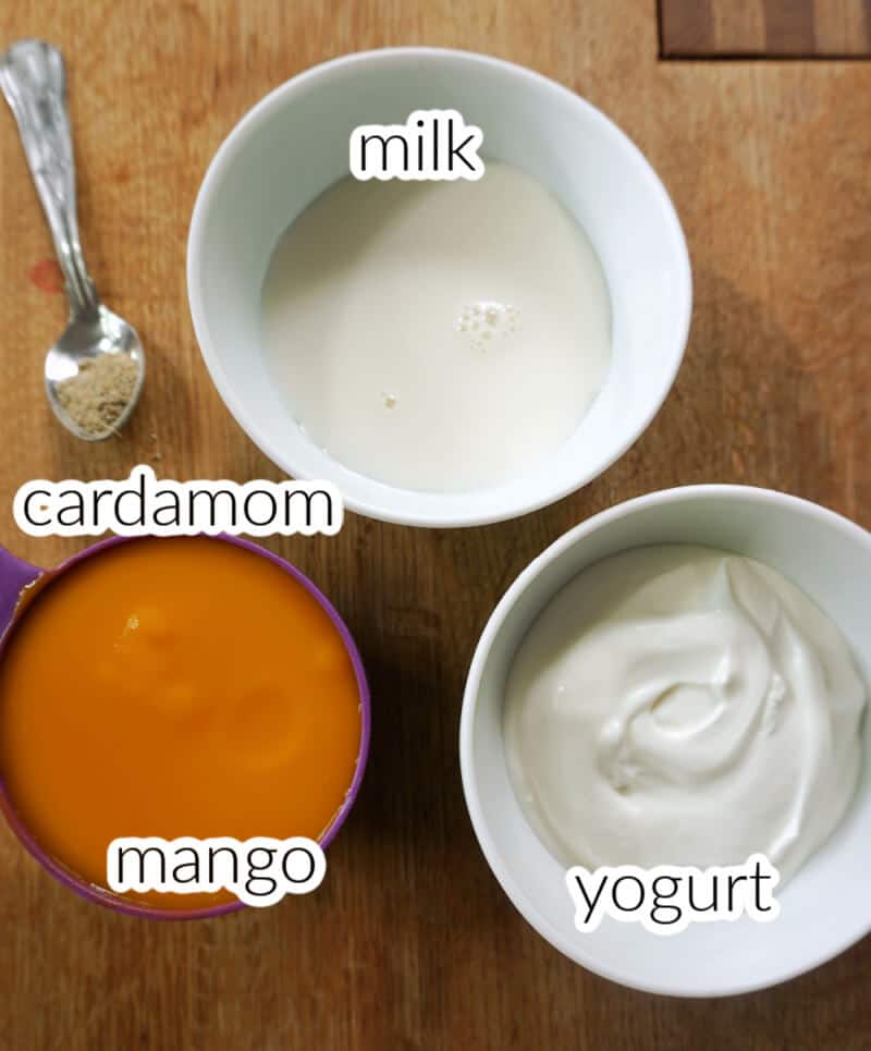 Ingredients used to make mango lassi.