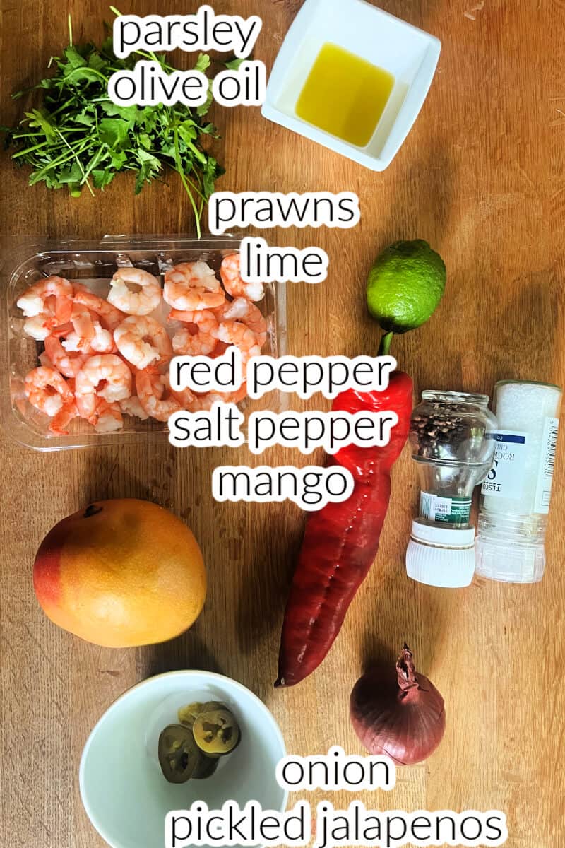 Ingredients used to make mango and prawn salad.