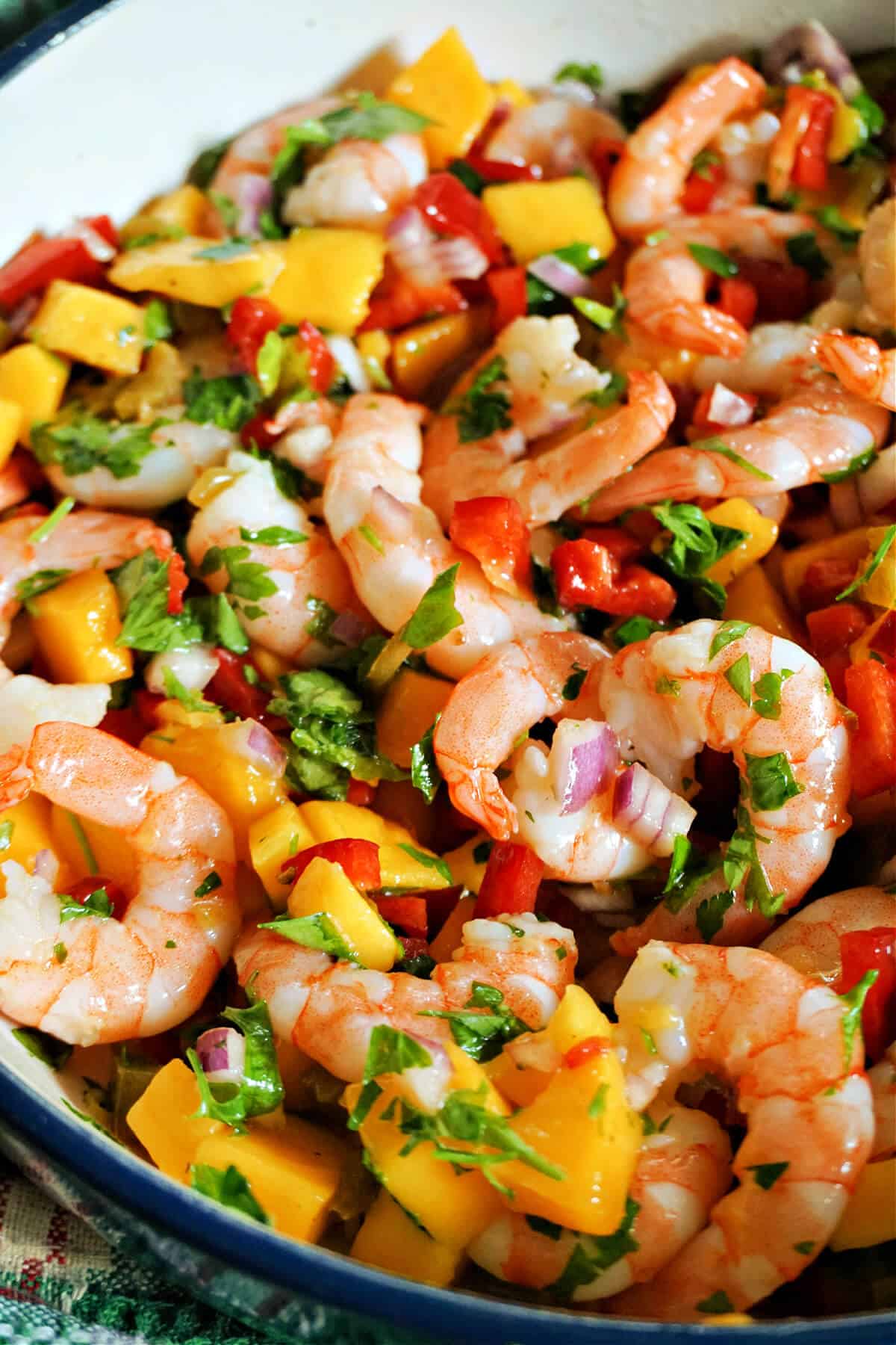 Close-up of a mango and prawn salad.