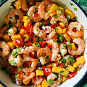 A bowl with mango and prawn salsa.