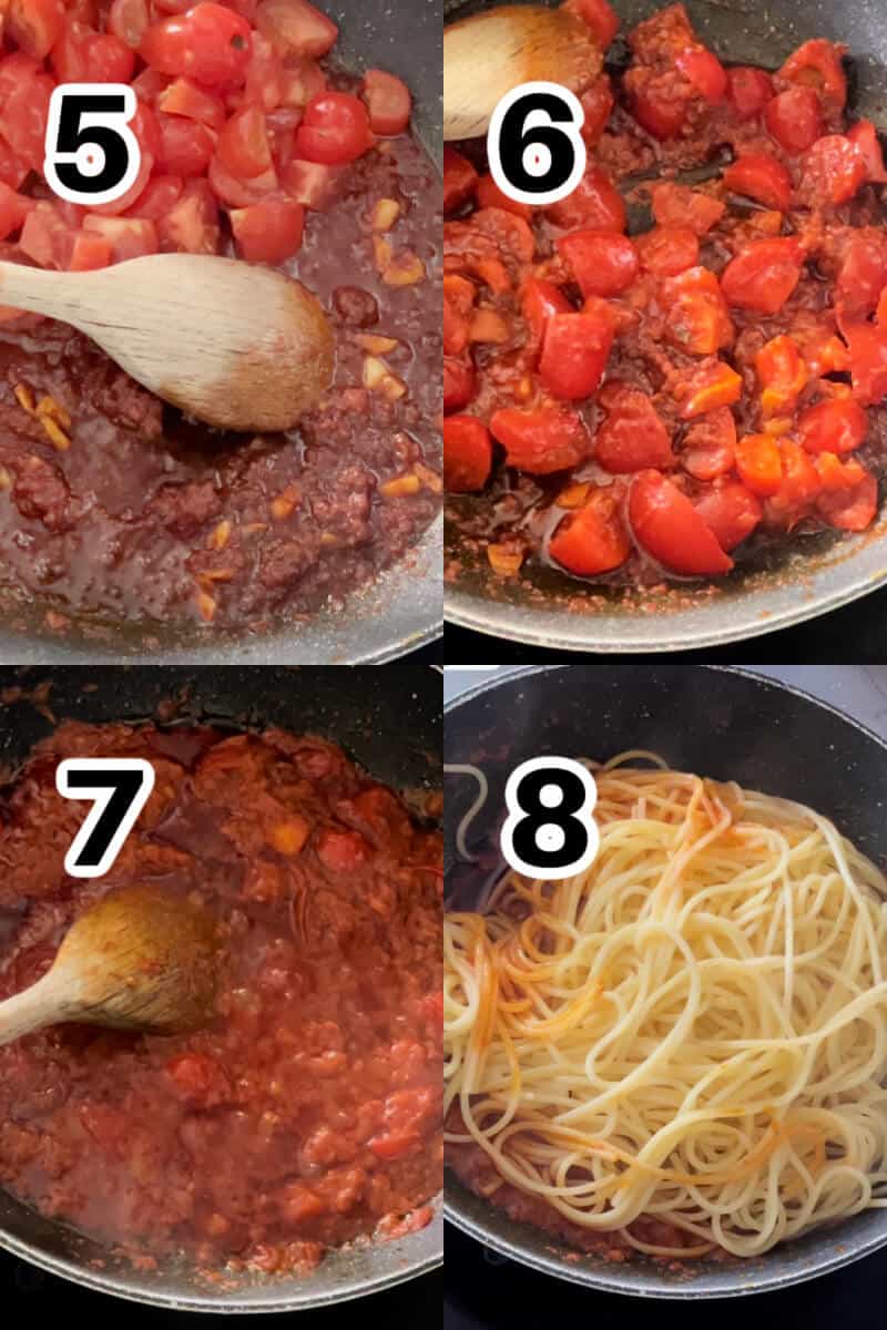 Collage of 4 photos to show how to make 'nduja sauce for spaghetti.