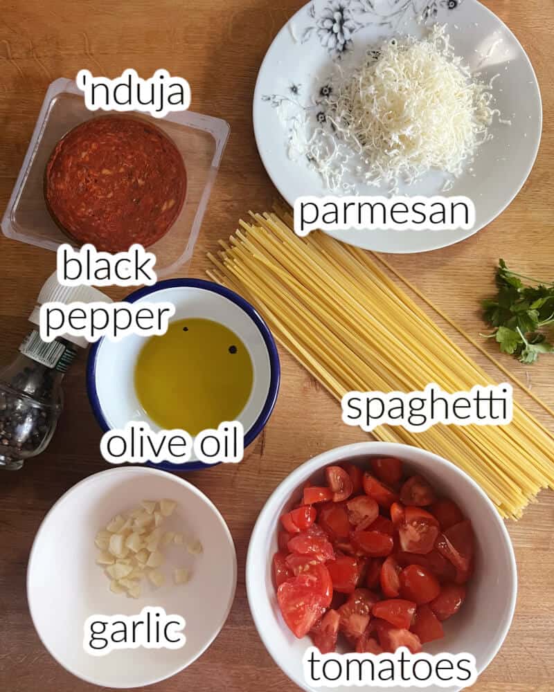 Ingredients used to make pasta with 'nduja.