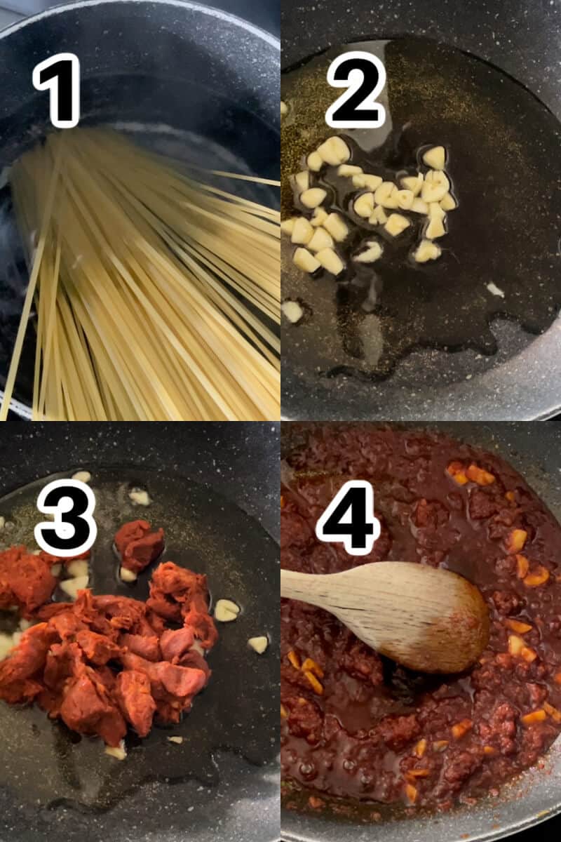Collage of 4 photos to show how to make spaghetti with 'nduja.