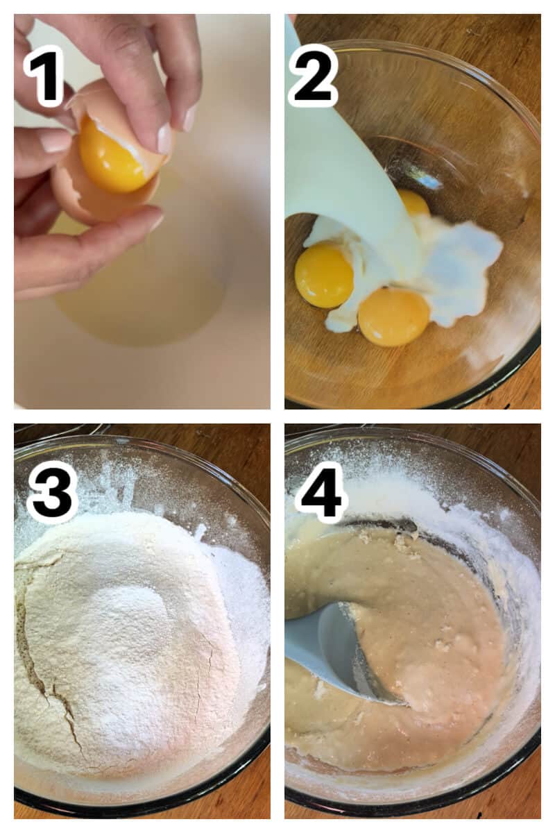 Collage of 4 photos to show how to make the batter for pancakes.
