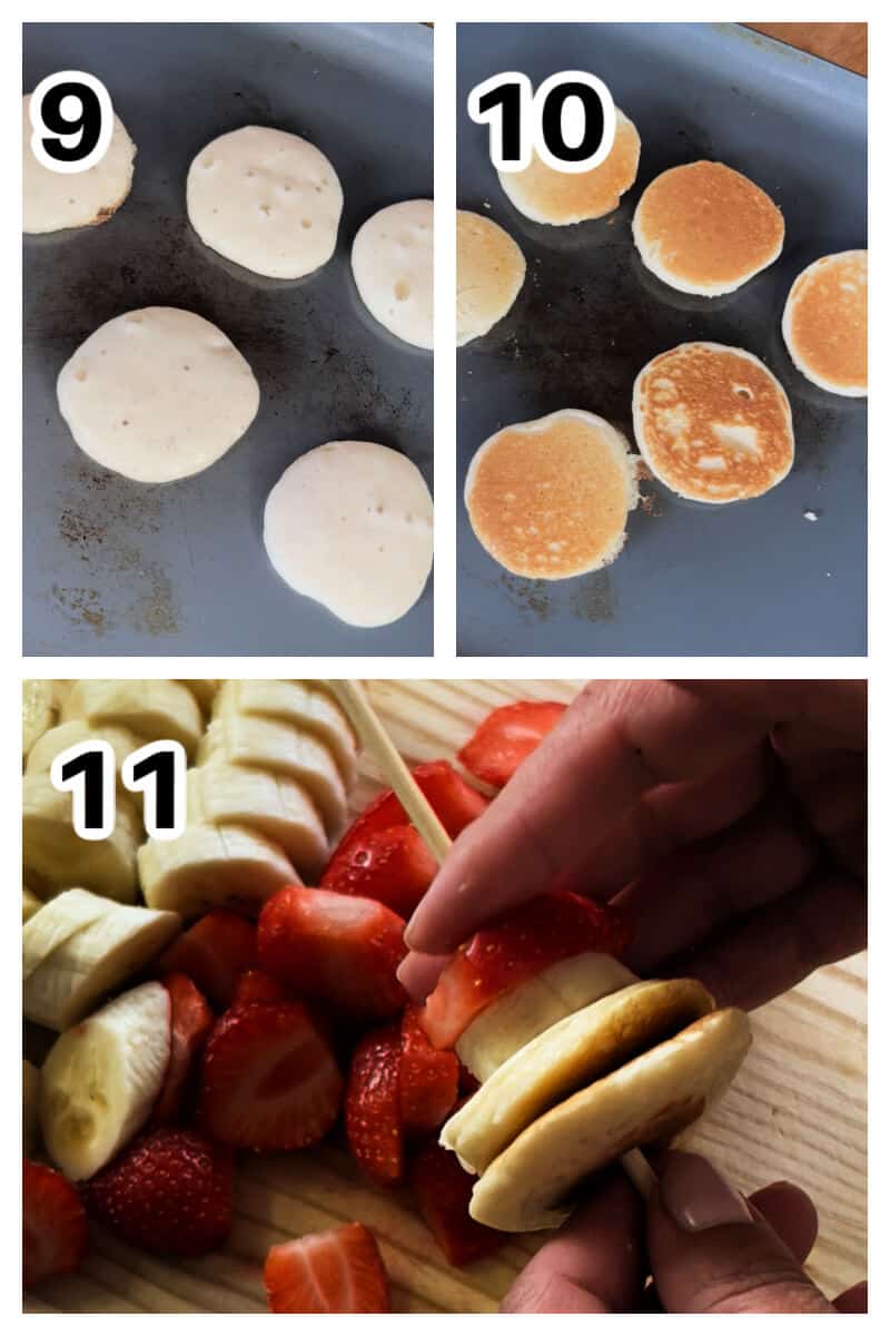 Collage of 3 photos to show how to make pancake skewers.