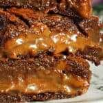 A stack of caramel brownie bars.