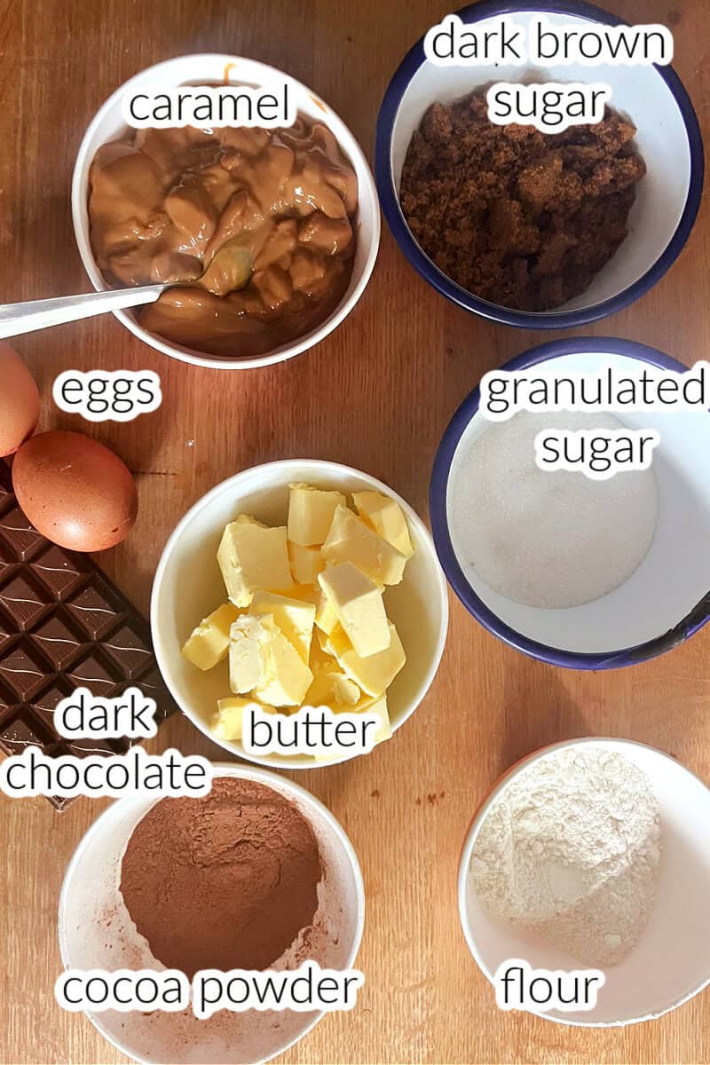 Ingredients used to make brownies with caramel.