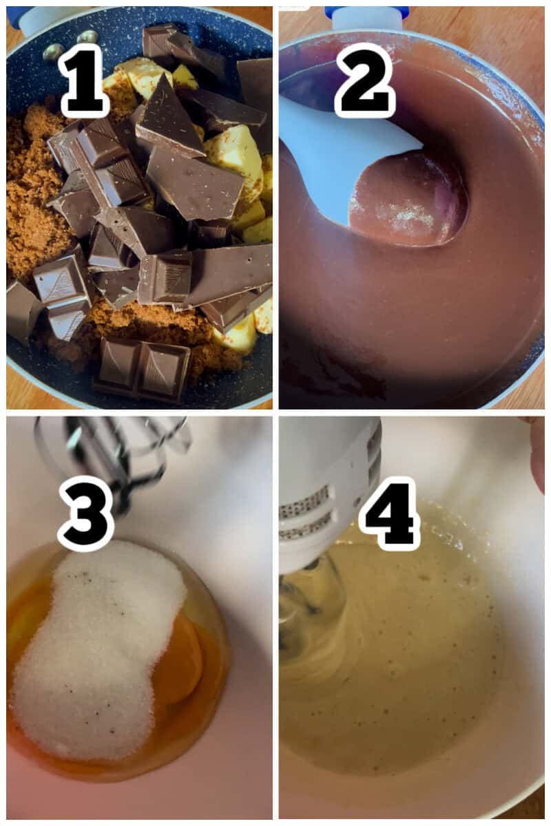 Collage of 4 photos to show how make caramel brownies.