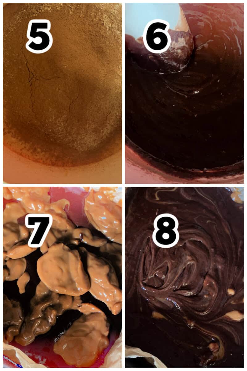 Collage of 4 photos to show how to make brownies with a tin of caramel.