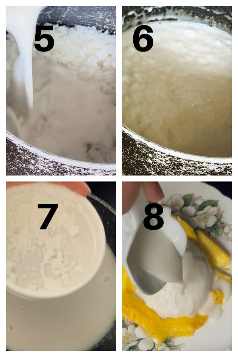 Collage of 4 photos to show how to make and serve sticky rice.