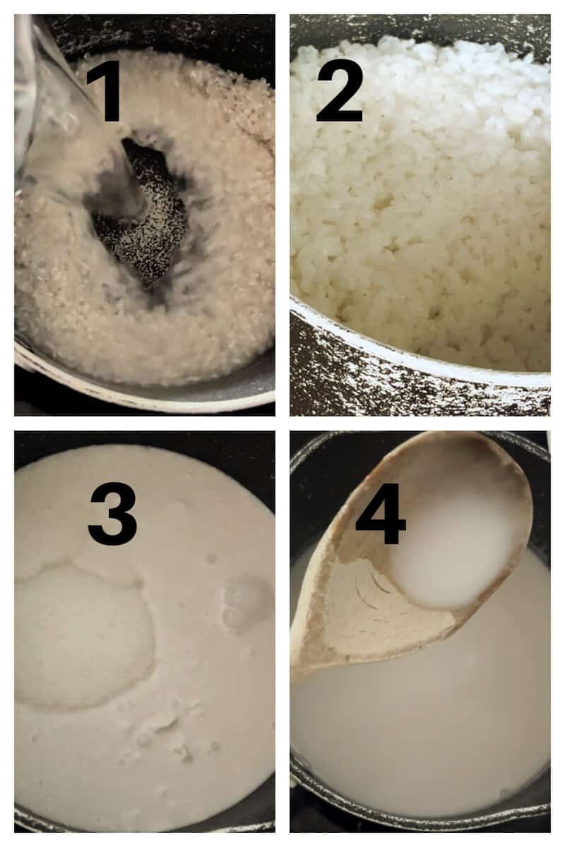 Collage of 4 photos to show how to make coconut rice pudding.