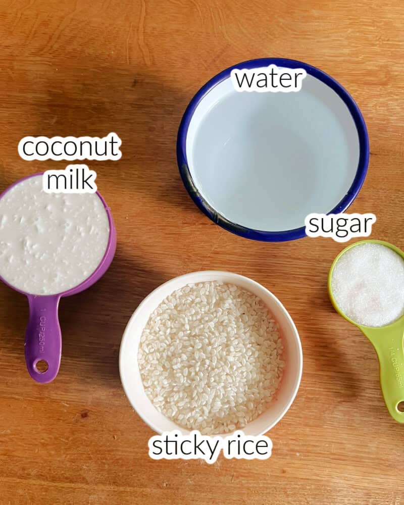 Ingredients used to make coconut rice pudding.