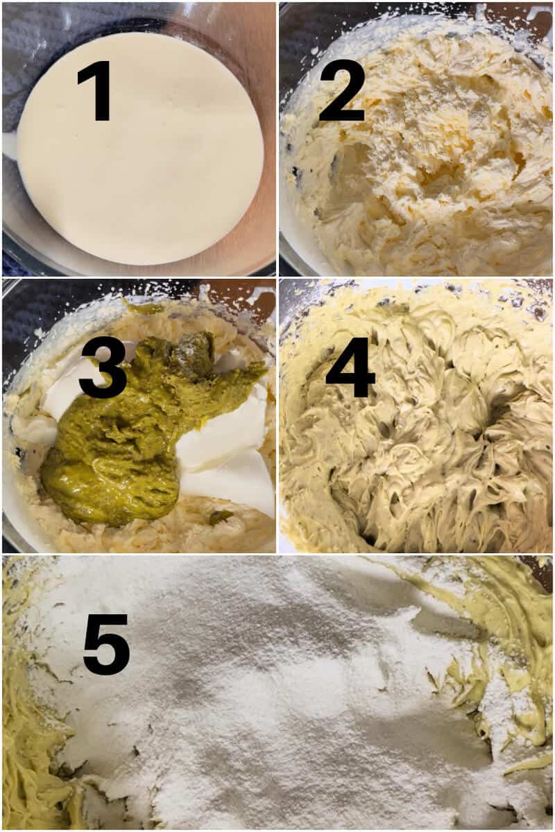 Collage of 5 photos to show how to make pistachio and mascarpone cream.