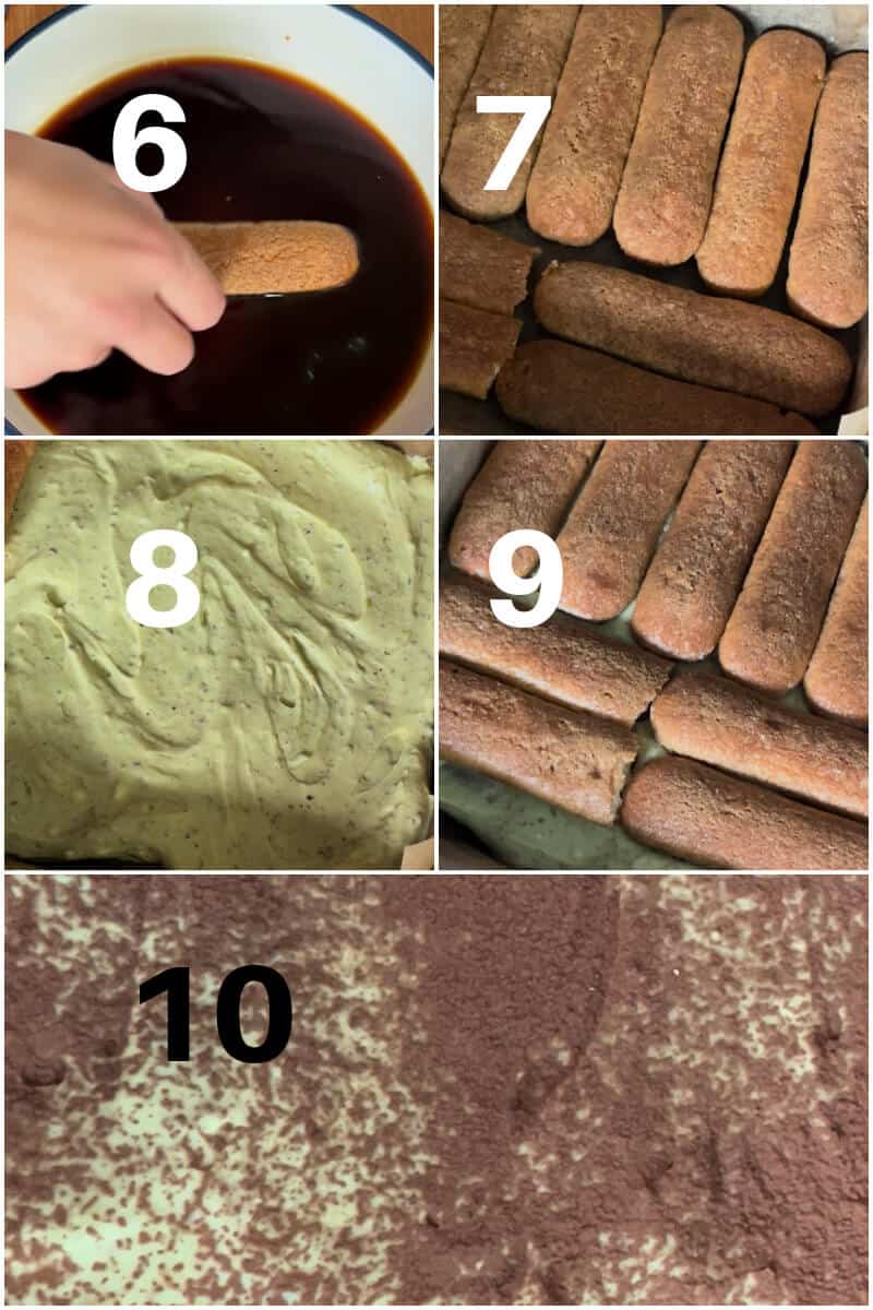Collage of 5 photos to show how to assemble a tiramisu.