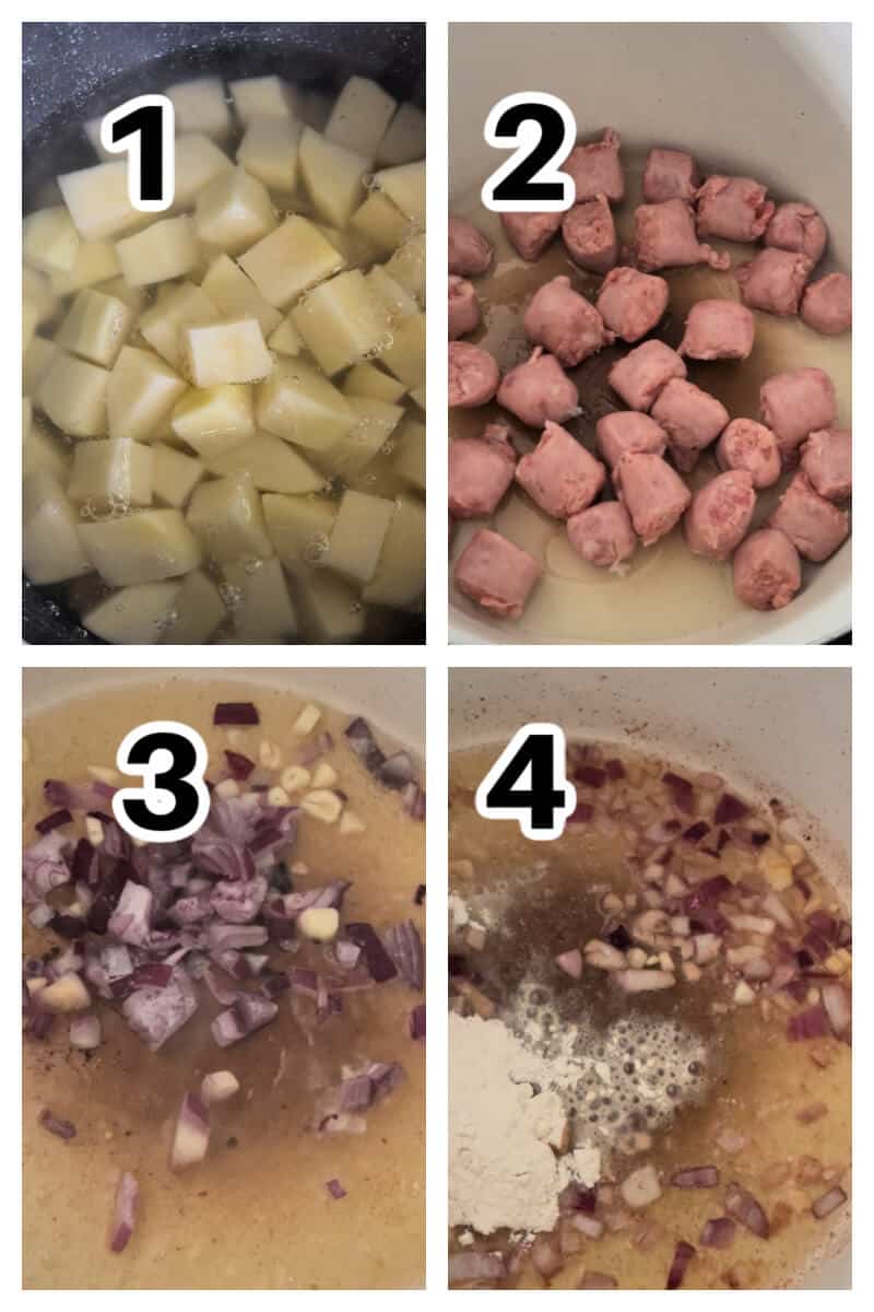 Collage of 4 photos to show how to make sausage and potato casserole.