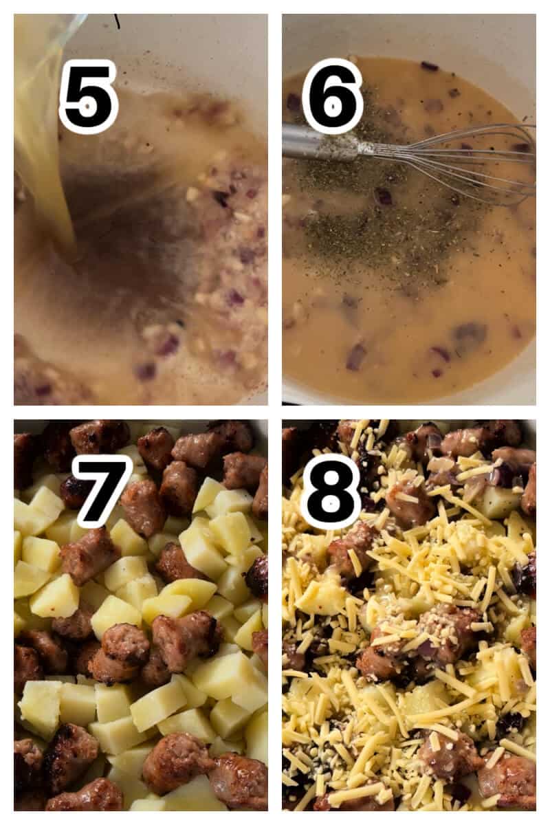 Collage of 4 photos to show how to make potato and sausage casserole.