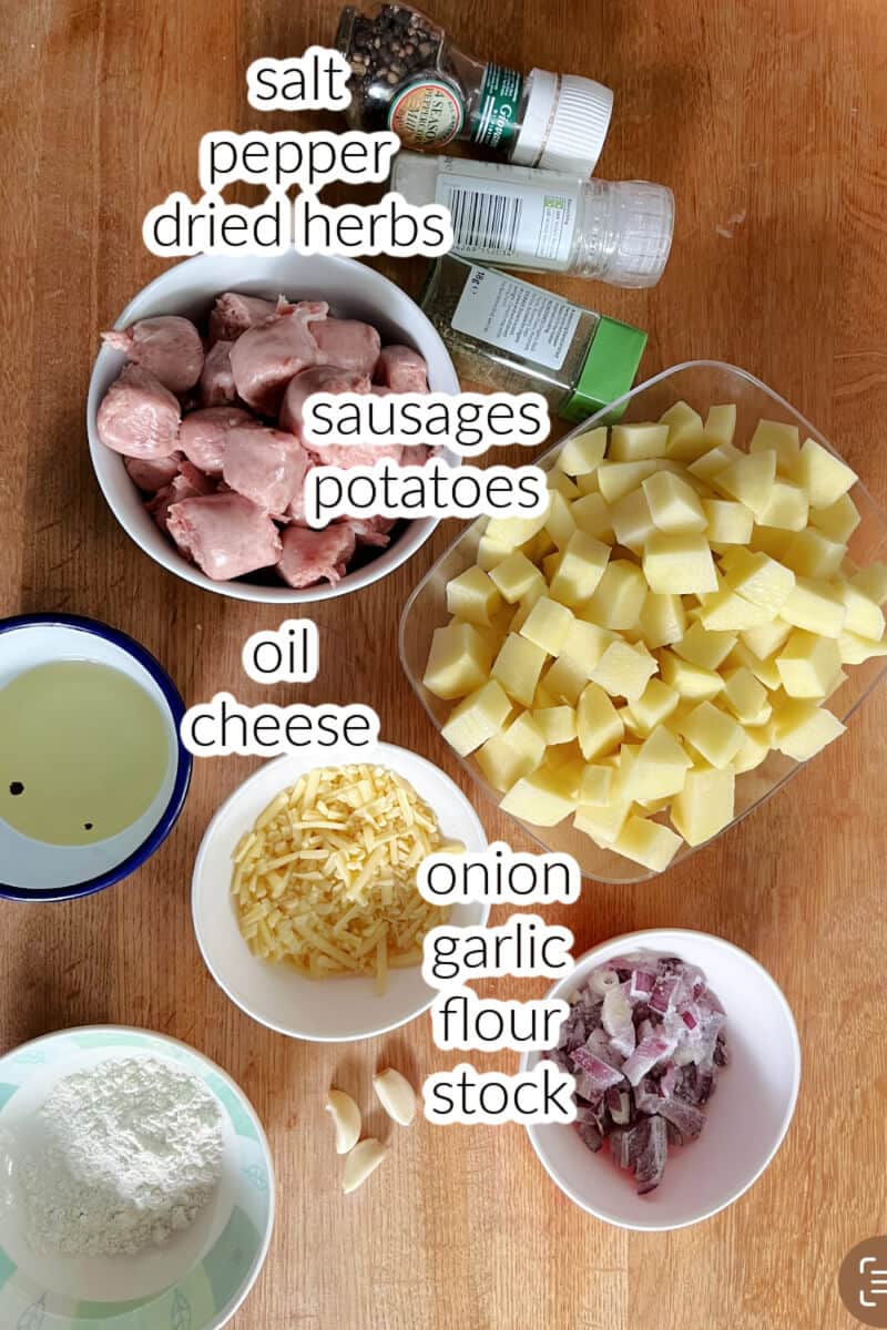 Ingredients used to make cheesy potato and sausage casserole.