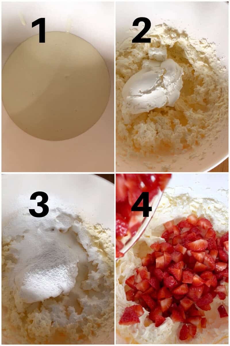 Collage of 4 photos to show how to make the strawberry cream filling.