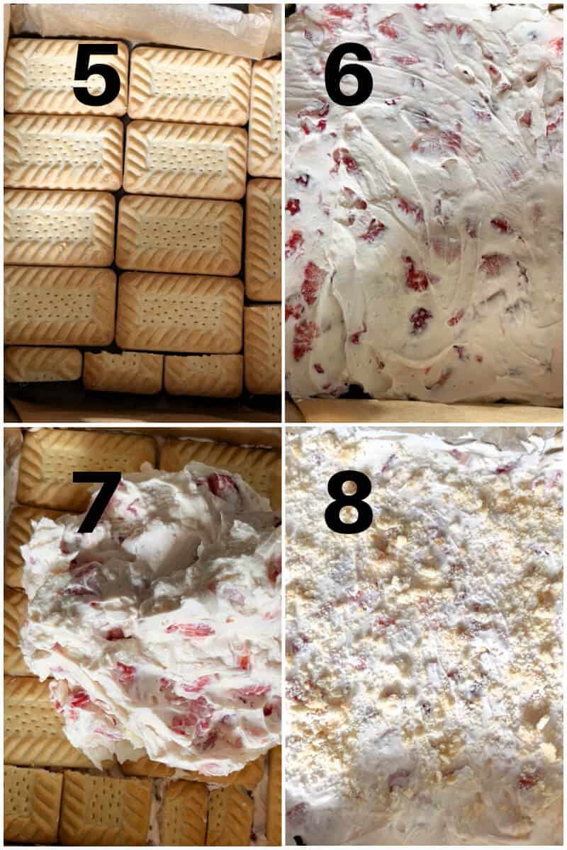 Collage of 4 photos to show how to assemble the cake.