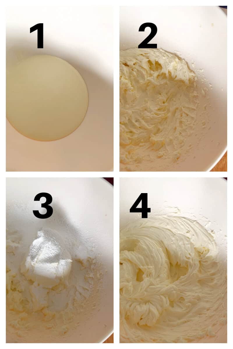 Collage of 4 photos to show how to make cheesecake dip.