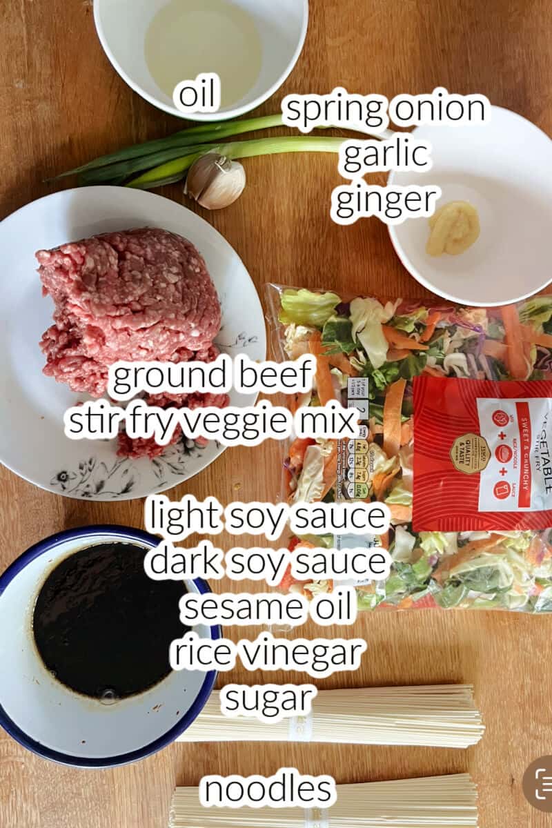 Ingredients needed to make beef noodle stir fry.