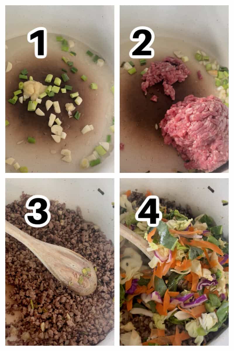 Collage of 4 photos to show how to make ground beef and veggie stir fry.
